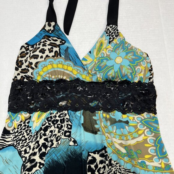 Vintage Y2K Indigo Six Top Womens L Babydoll Lace Trim Halter Mixed Print Jersey - Picture 2 of 7